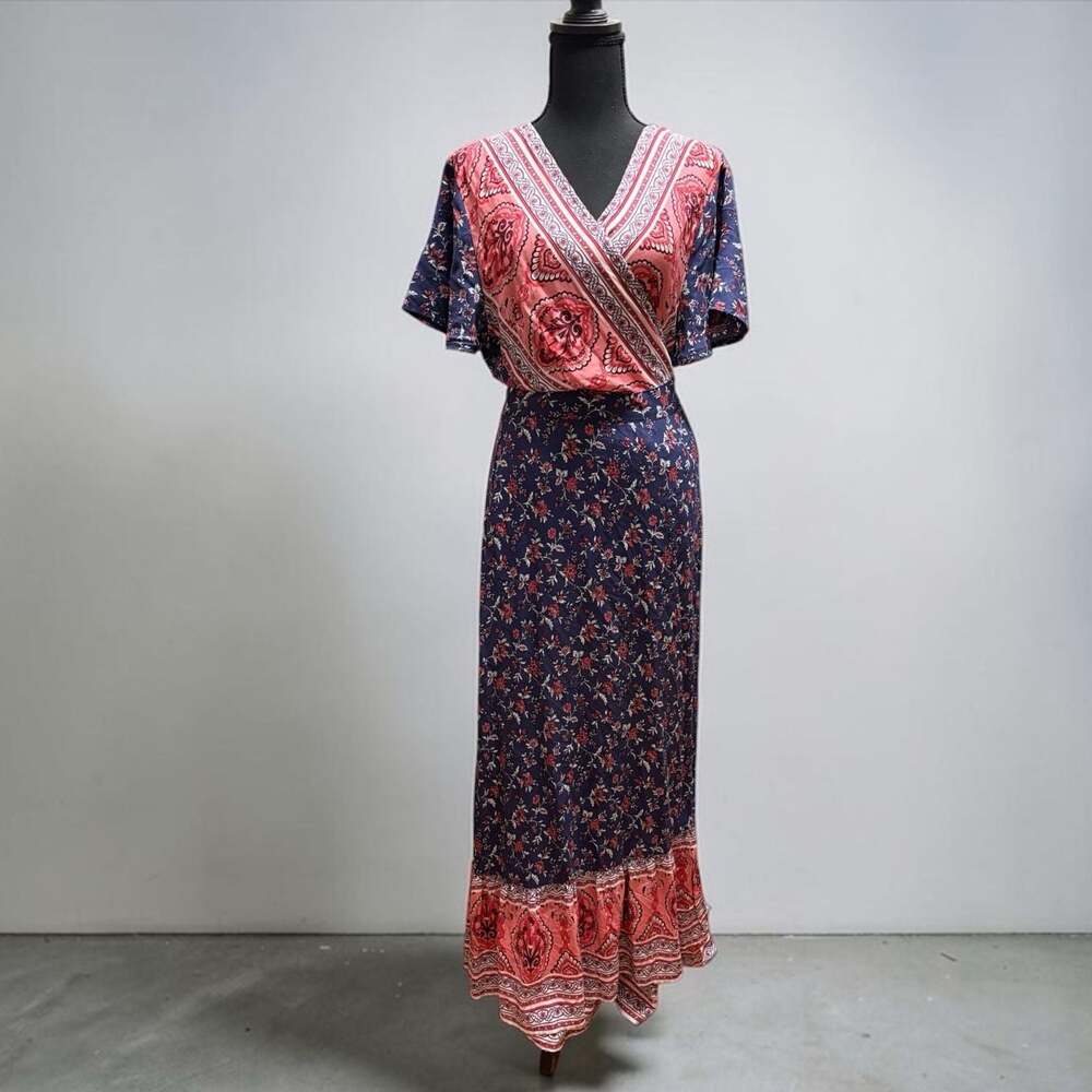 ZESICA Women's Bohemian Floral Printed Wrap V-Neck Short Sleeve Maxi Dress - Picture 2 of 10